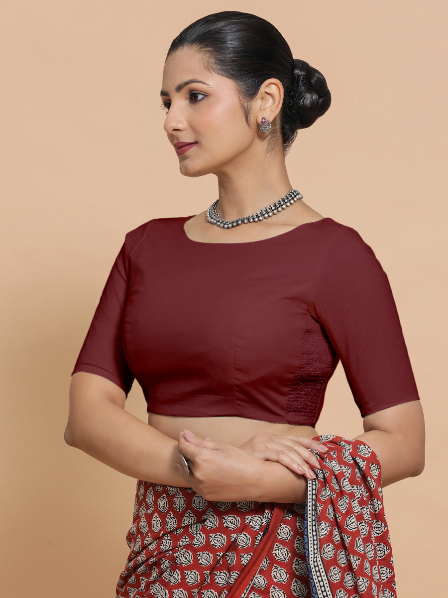 Kumud x Rozaana Saree Blouse, in Maroon Cotton, featuring elbow sleeves and boat neckline, made for daily & work (view 6).