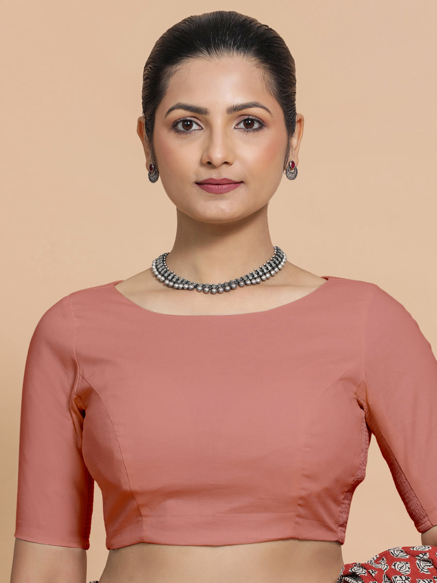 Kumud x Rozaana Saree Blouse, in Peach Cotton, featuring elbow sleeves and boat neckline, made for daily & work (view 5).