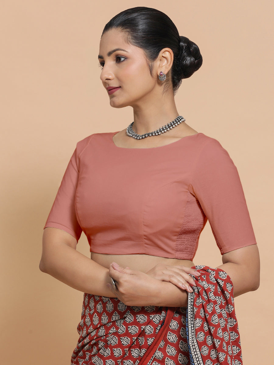 Kumud x Rozaana Saree Blouse, in Peach Cotton, featuring elbow sleeves and boat neckline, made for daily & work (view 6).