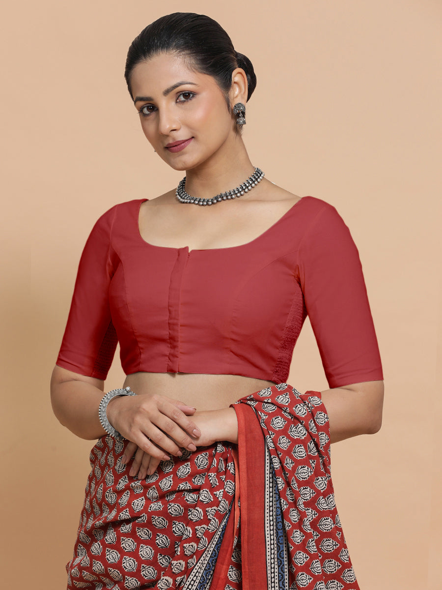 Lahari x Rozaana Saree Blouse, in Red 100% Cotton - Solid, featuring elbow sleeves and round neckline, made for daily & work.