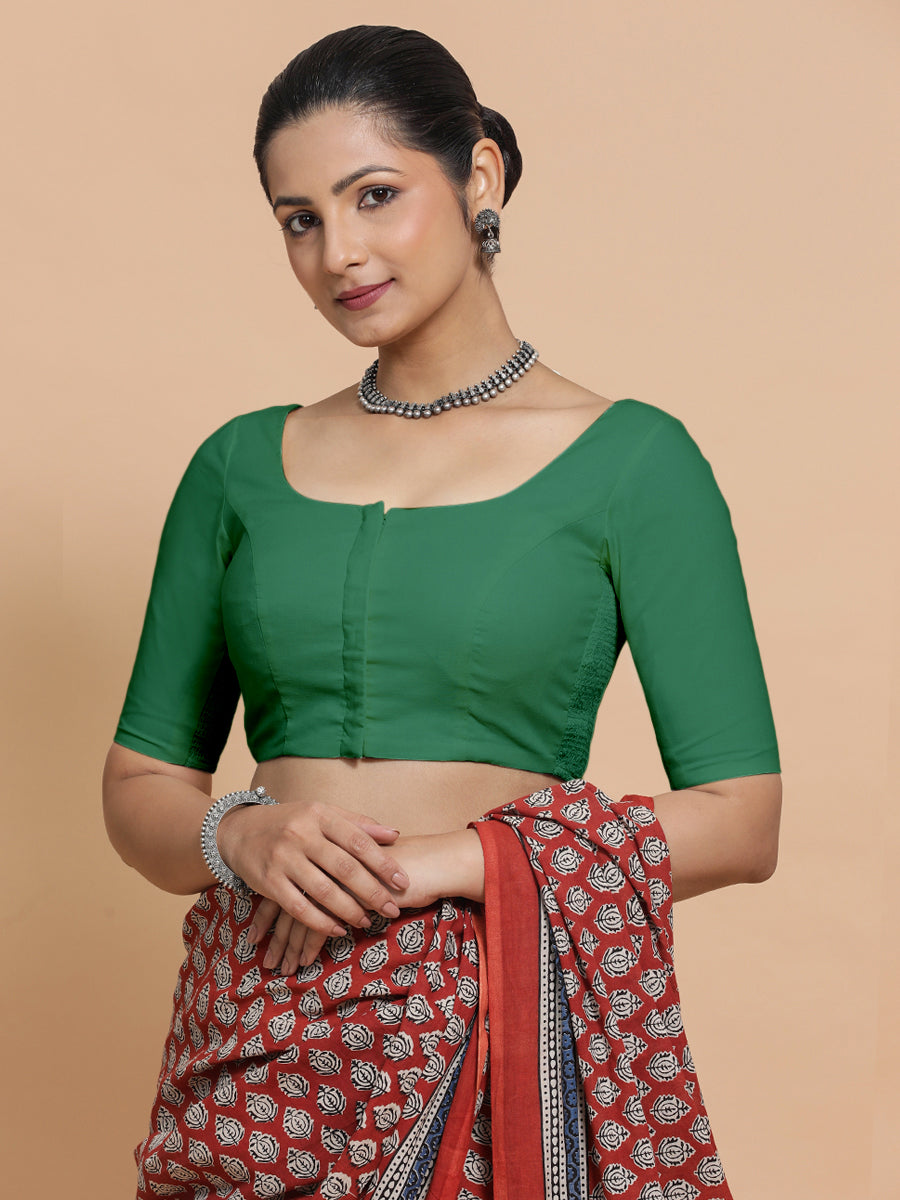 Lahari x Rozaana Saree Blouse, in Green 100% Cotton - Solid, featuring elbow sleeves and round neckline (view 7).