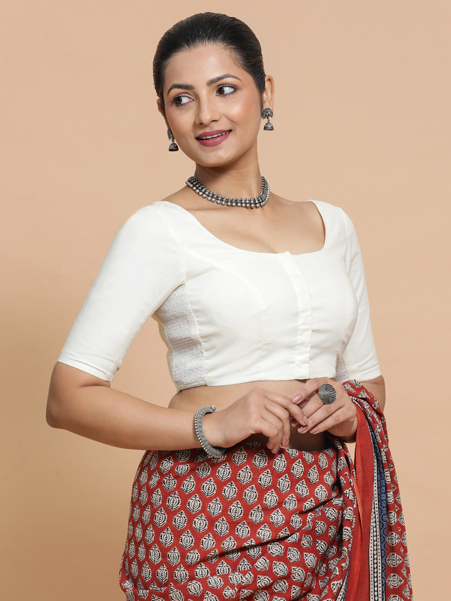 Lahari x Rozaana Saree Blouse, in White Cotton, featuring elbow sleeves and round neckline, made for daily & work (view 5).