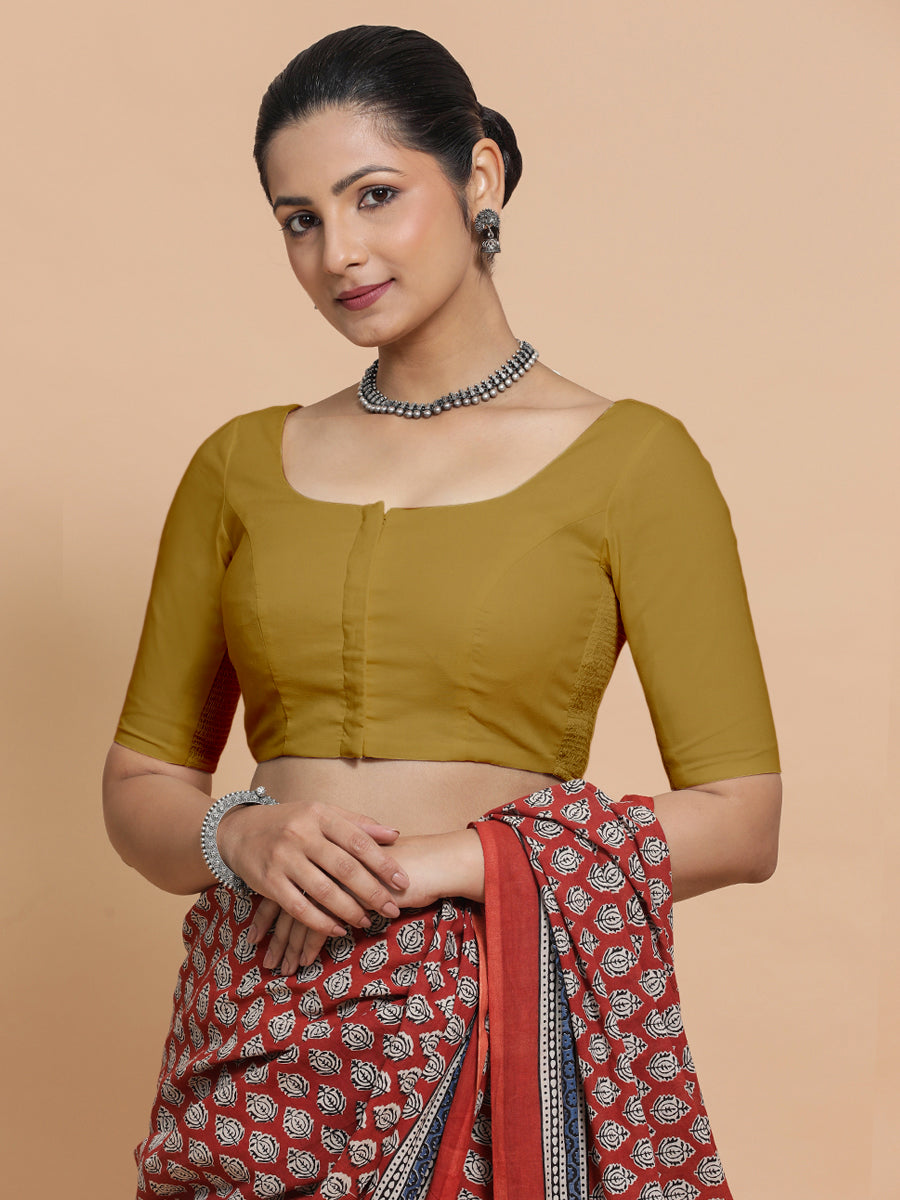 Lahari x Rozaana | Round Neck Khaki Plain Cotton Saree Blouse