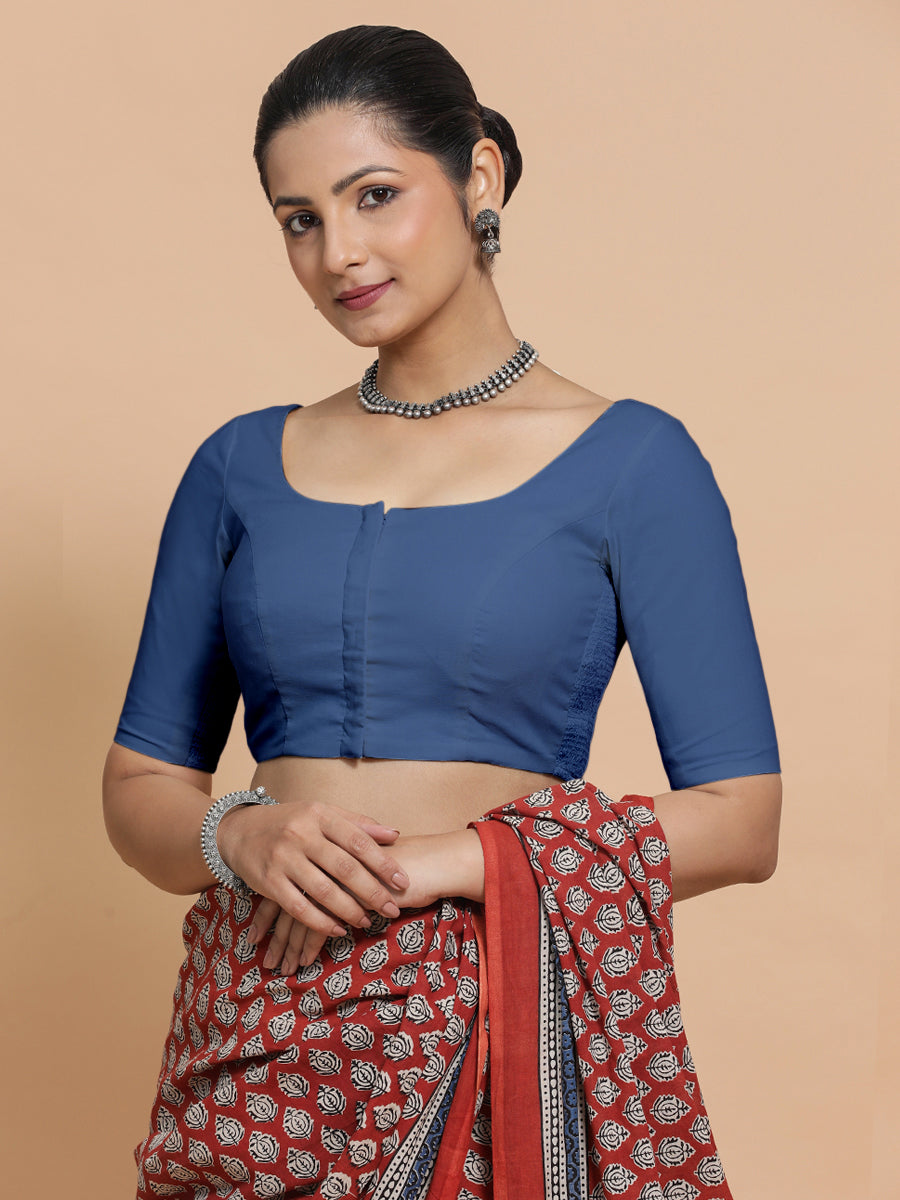 Lahari x Rozaana Saree Blouse, in Blue 100% Cotton - Solid, featuring elbow sleeves and round neckline (view 7).