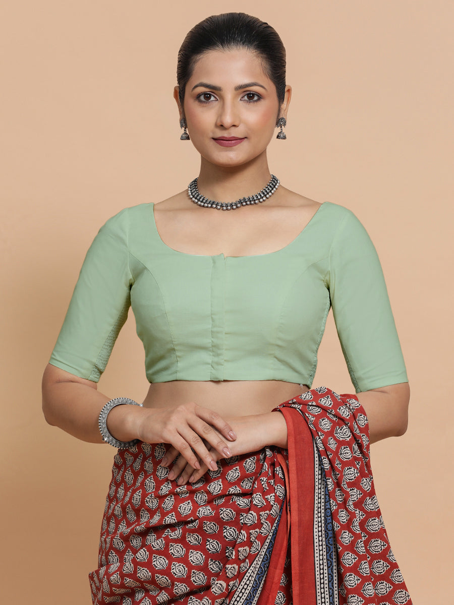 Lahari x Rozaana Saree Blouse, in Green Cotton, featuring elbow sleeves and round neckline, made for daily & work (view 2).