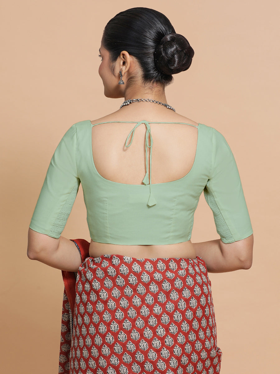 Lahari x Rozaana Saree Blouse, in Green Cotton, featuring elbow sleeves and round neckline, made for daily & work (view 3).