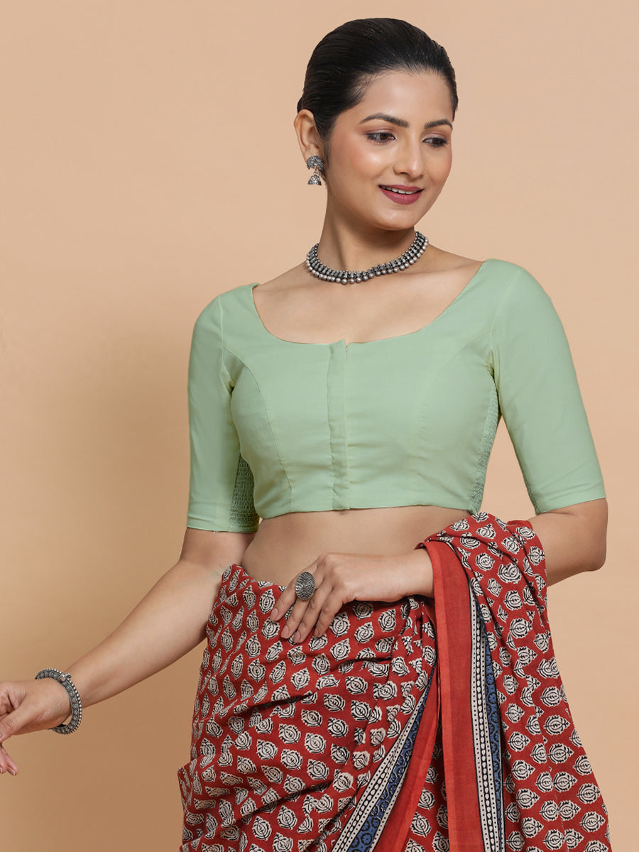 Lahari x Rozaana Saree Blouse, in Green Cotton, featuring elbow sleeves and round neckline, made for daily & work (view 6).
