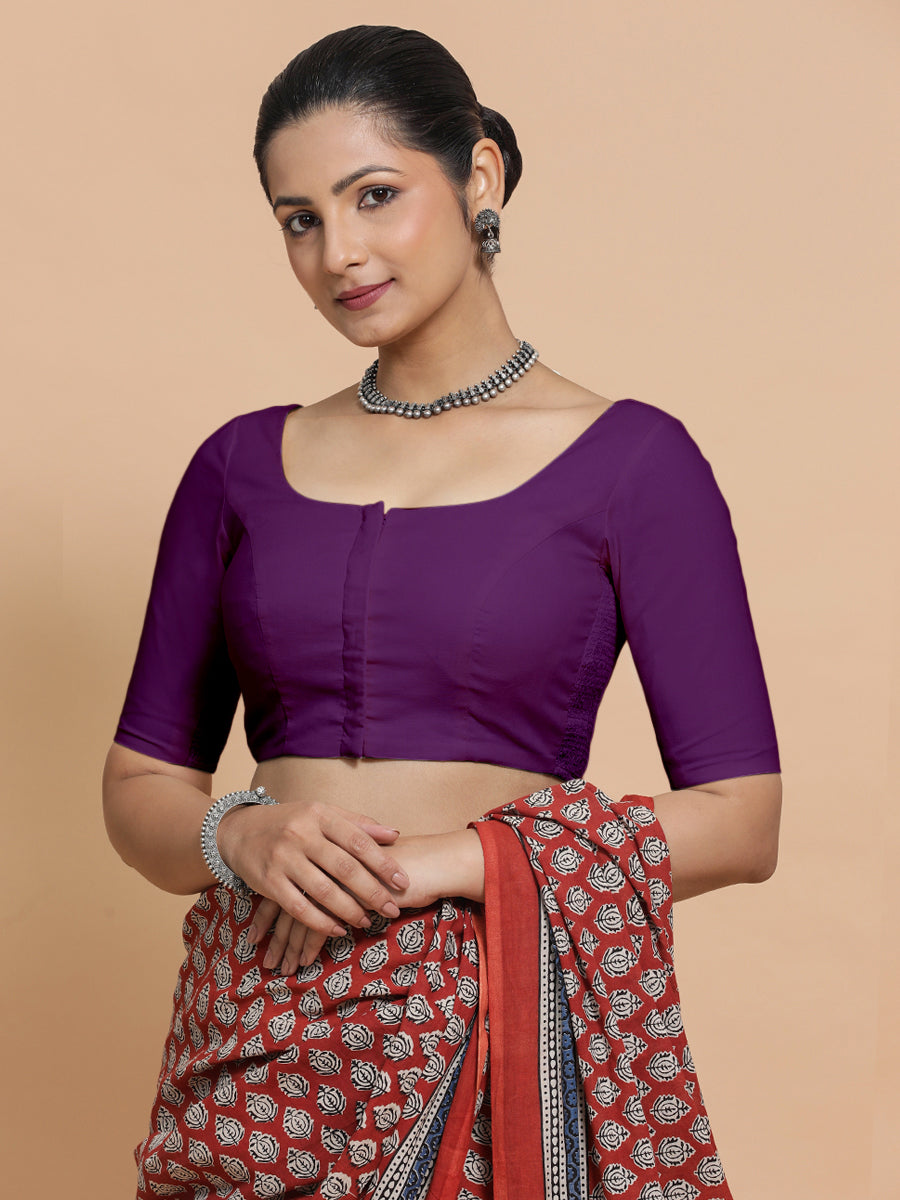 Lahari x Rozaana Saree Blouse, in Purple Cotton, featuring elbow sleeves and round neckline, made for daily & work (view 7).
