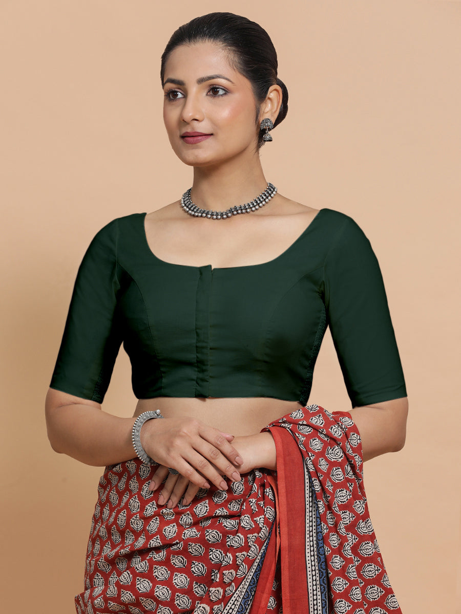 Lahari x Rozaana Saree Blouse, in Green Cotton, featuring elbow sleeves and round neckline, made for daily & work.