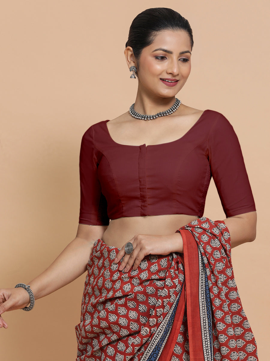 Lahari x Rozaana Saree Blouse, in Maroon Cotton, featuring elbow sleeves and round neckline, made for daily & work (view 5).