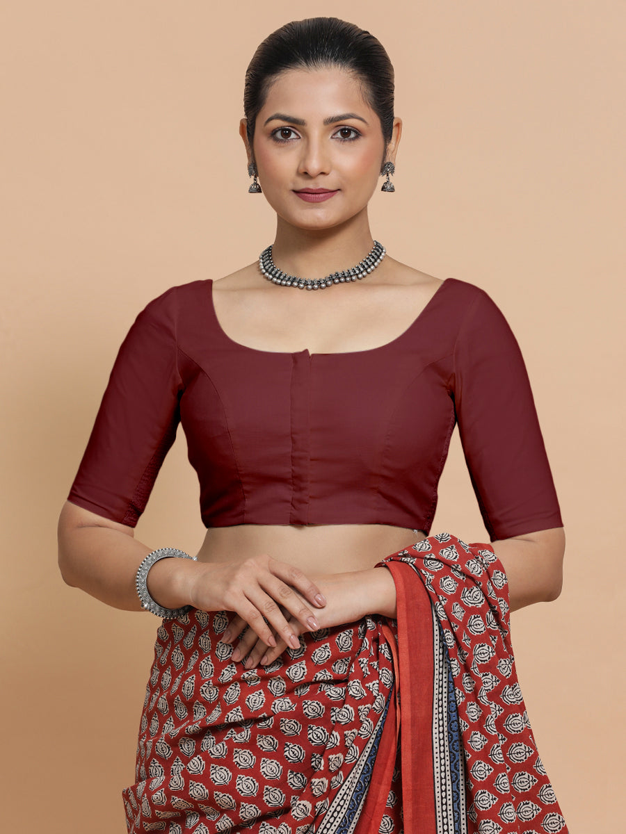 Lahari x Rozaana Saree Blouse, in Maroon Cotton, featuring elbow sleeves and round neckline, made for daily & work (view 7).