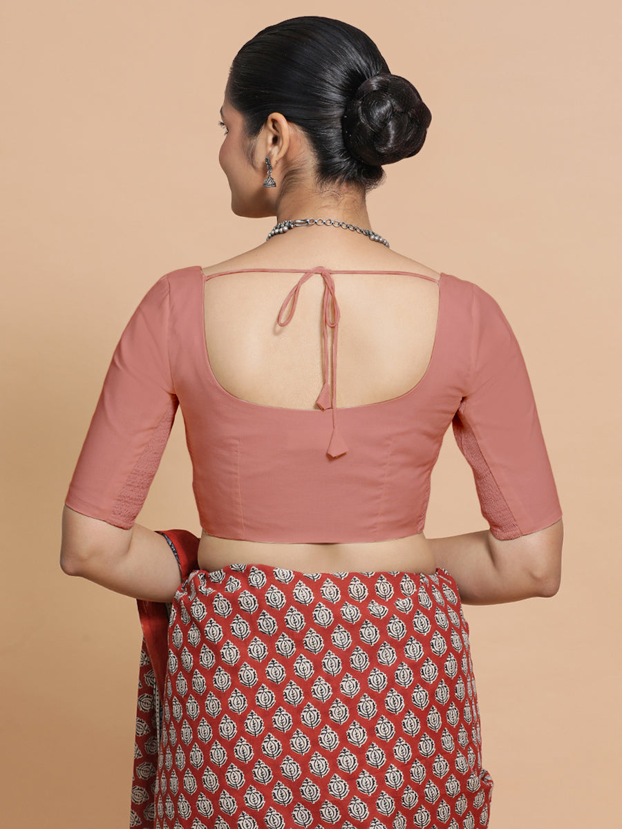 Lahari x Rozaana Saree Blouse, in Peach Cotton, featuring elbow sleeves and round neckline, made for daily & work (view 2).