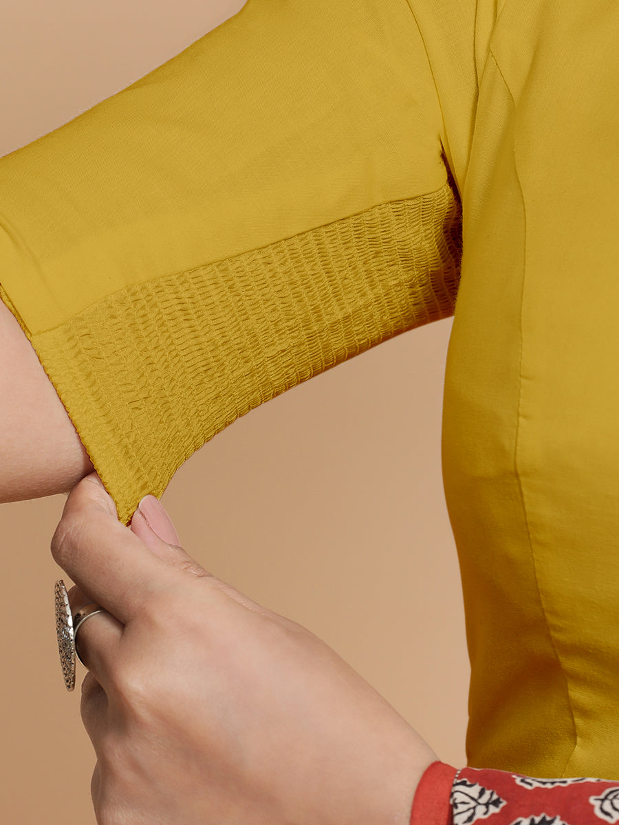Lahari x Rozaana Saree Blouse, in Yellow Cotton, featuring elbow sleeves and round neckline, made for daily & work (view 4).