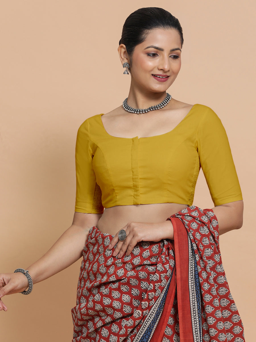 Lahari x Rozaana Saree Blouse, in Yellow Cotton, featuring elbow sleeves and round neckline, made for daily & work (view 5).