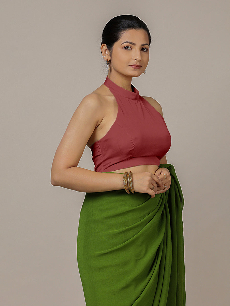 Laila x Rozaana Saree Blouse, in Red Vegan Silk, featuring sleeveless and halter neckline, made for party & festive (view 7).