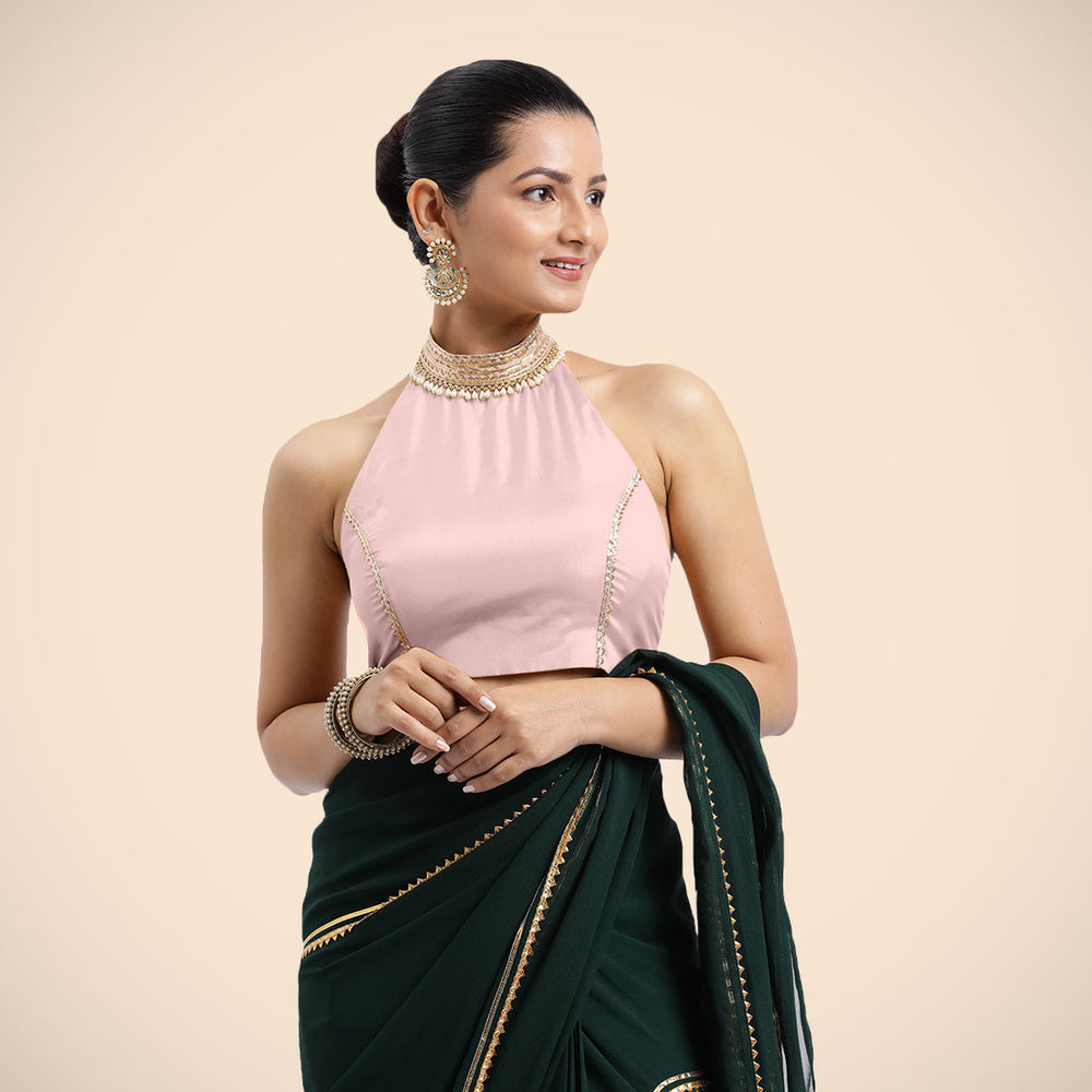Laila x Tyohaar | Sleeveless Baby Pink FlexiFit™ Gota Embellished Saree Blouse with Halter Neck