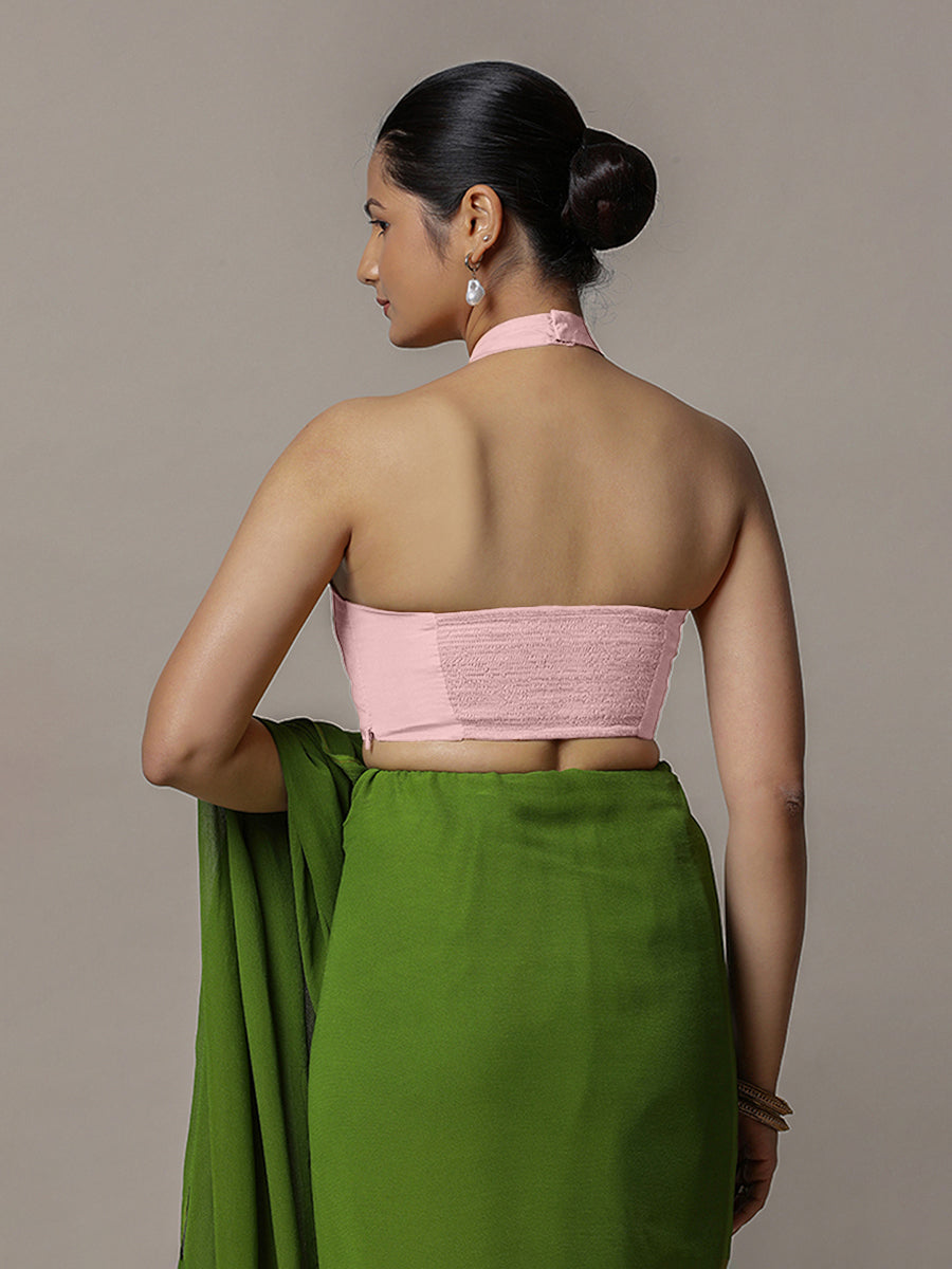 Laila x Rozaana Saree Blouse, in Pink Artificial Silk, featuring sleeveless and halter neckline, made for party & festive.