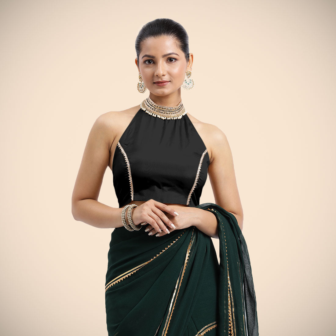 Laila x Tyohaar Saree Blouse, in Black Vegan Silk, featuring sleeveless and halter neckline, made for party & festive (view 5).