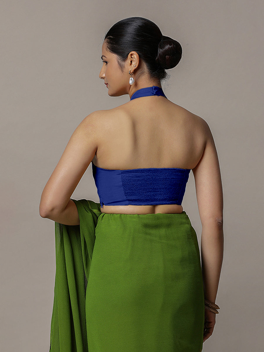 Laila x Rozaana Saree Blouse, in Blue Vegan Silk, featuring sleeveless and halter neckline, made for party & festive (view 2).