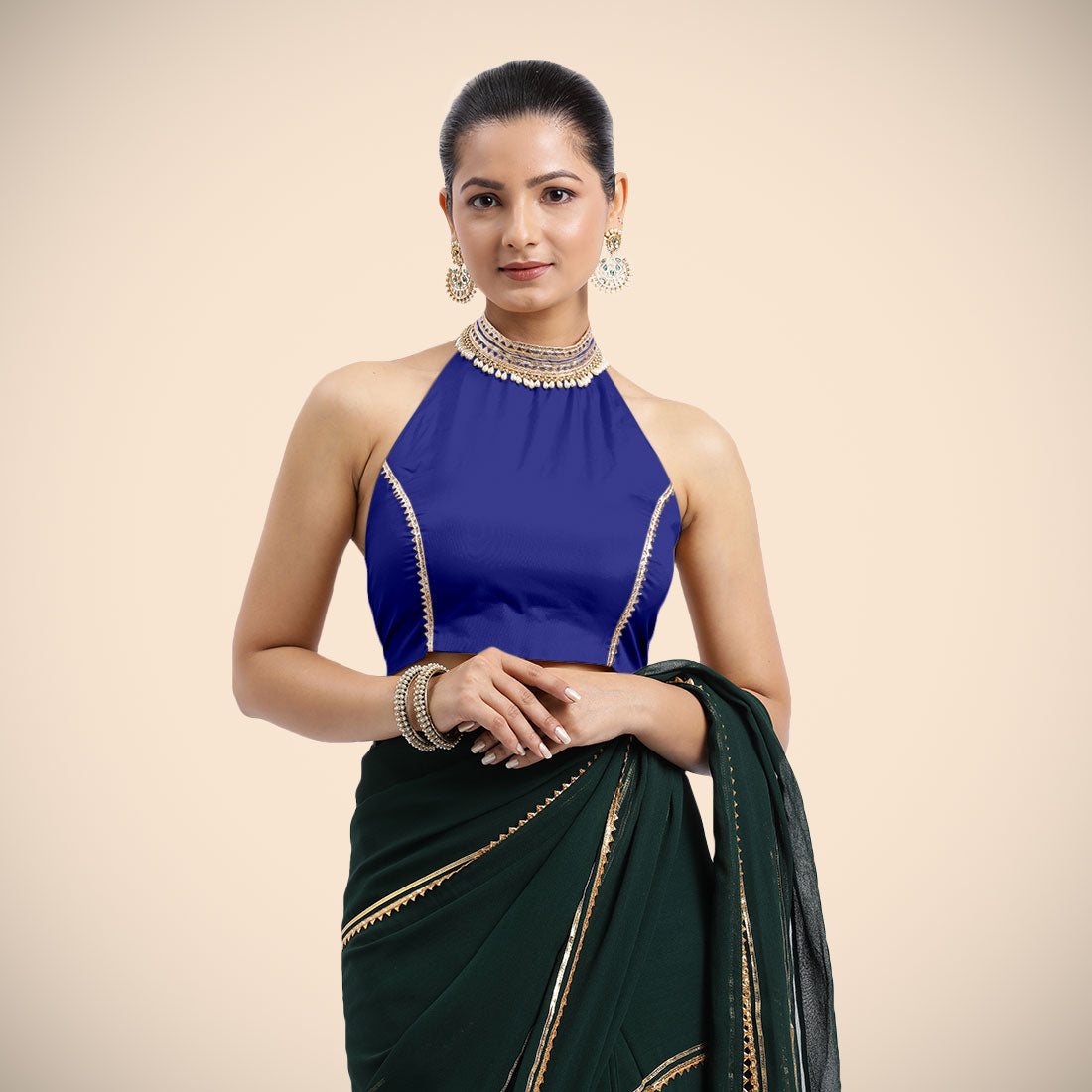 Laila x Tyohaar Saree Blouse, in Blue Vegan Silk, featuring sleeveless and halter neckline, made for party & festive (view 4).
