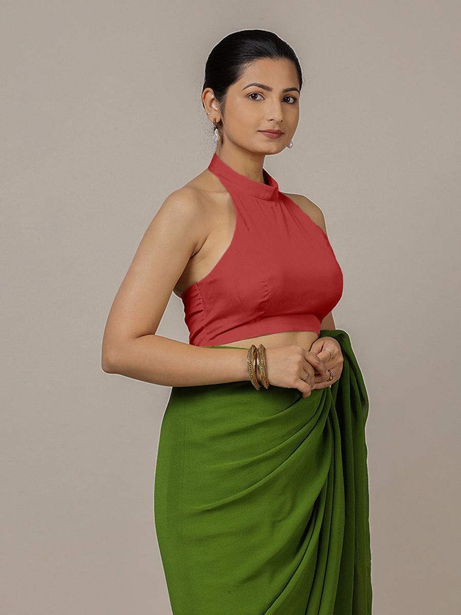 Laila x Rozaana Saree Blouse, in Red Vegan Silk, featuring sleeveless and halter neckline, made for party & festive (view 6).