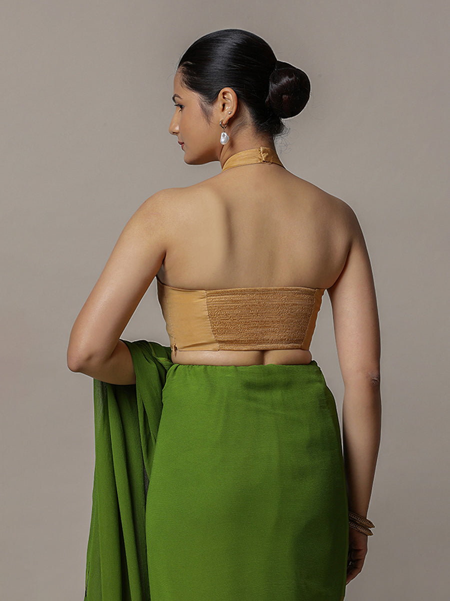 Laila x Rozaana Saree Blouse, in Gold Vegan Silk, featuring sleeveless and halter neckline, made for party & festive (view 2).