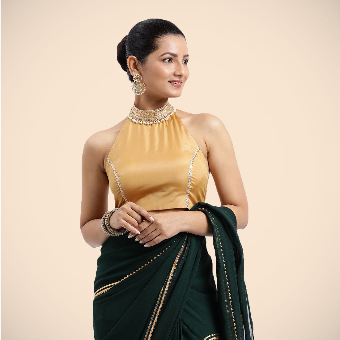 Laila x Tyohaar Saree Blouse, in Gold Vegan Silk, featuring sleeveless and halter neckline, made for party & festive (view 2).