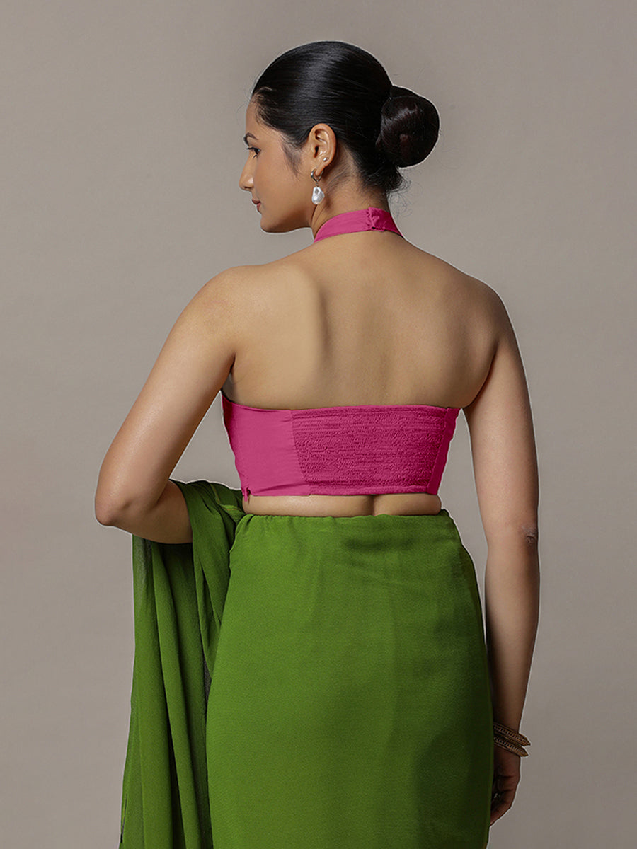 Laila x Rozaana Saree Blouse, in Pink Artificial Silk, featuring sleeveless and halter neckline, made for party & festive.