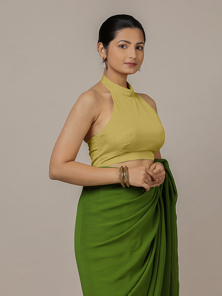 Laila x Rozaana Saree Blouse, in Yellow Vegan Silk, featuring sleeveless and halter neckline, made for party & festive (view 6).