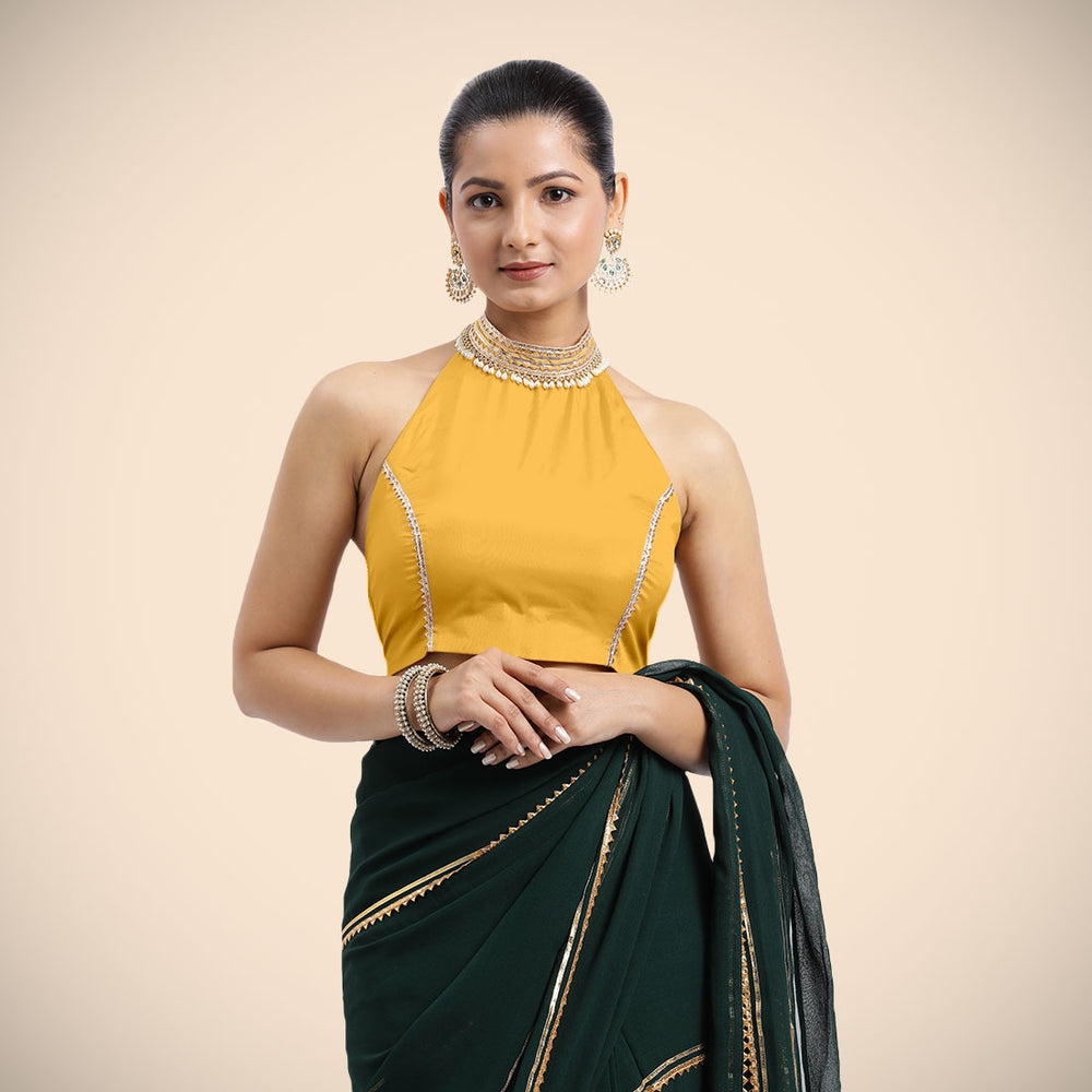 Laila x Tyohaar | Sleeveless Marigold Yellow FlexiFit™ Gota Embellished Saree Blouse with Halter Neck