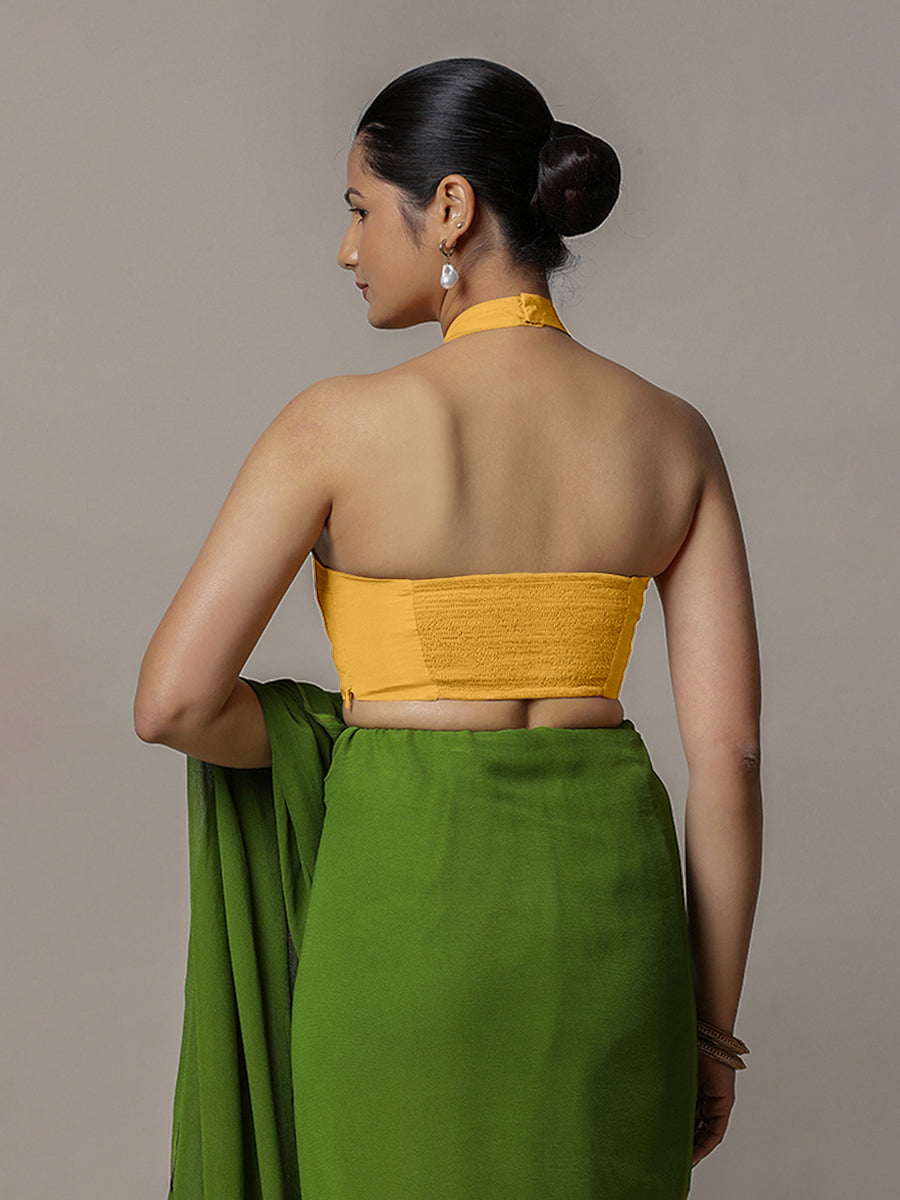 Laila x Rozaana Saree Blouse, in Yellow Artificial Silk, featuring sleeveless and halter neckline, made for party & festive.