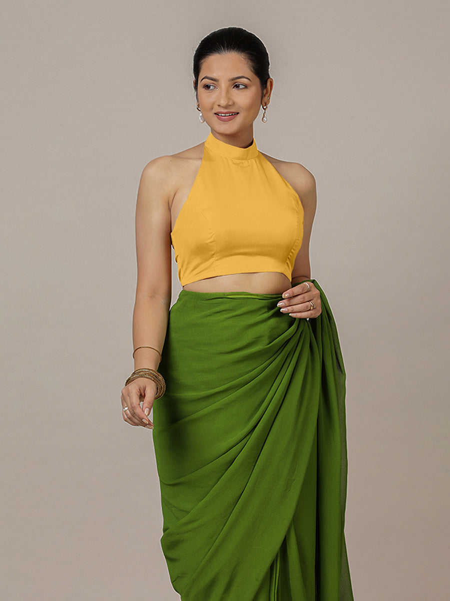 Laila x Rozaana Saree Blouse, in Yellow Artificial Silk, featuring sleeveless and halter neckline, made for party & festive.