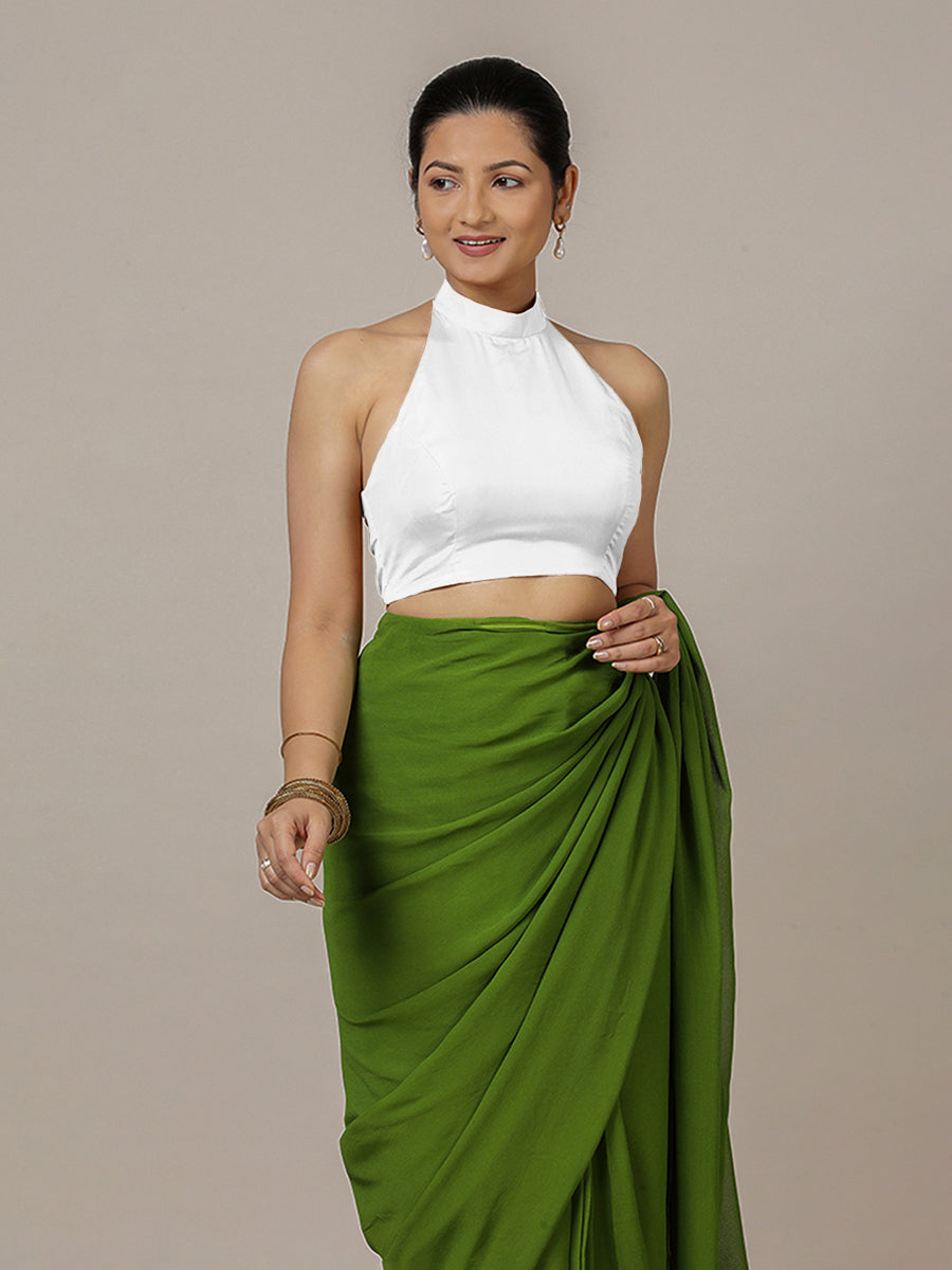 Laila x Rozaana Saree Blouse, in White Vegan Silk, featuring sleeveless and halter neckline, made for party & festive (view 4).