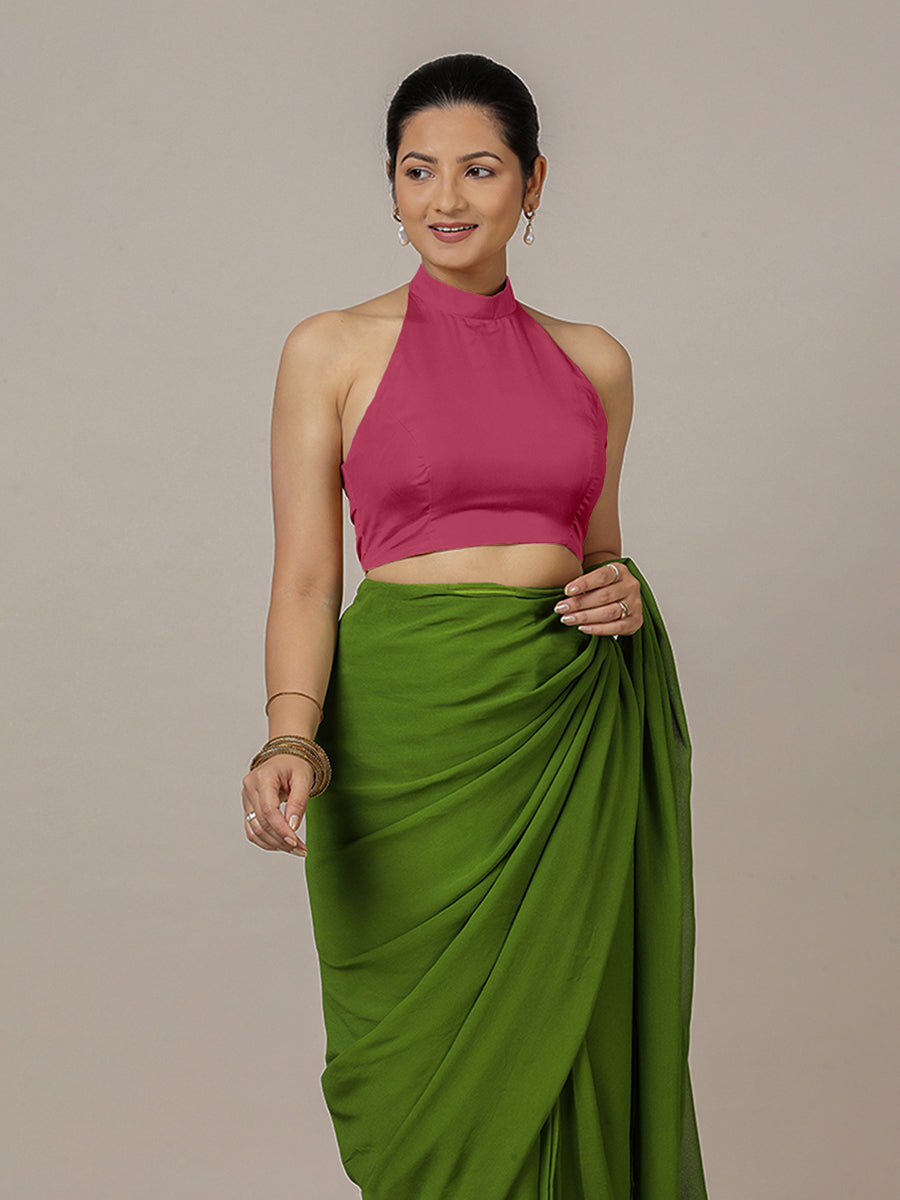 Laila x Rozaana Saree Blouse, in Pink Vegan Silk, featuring sleeveless and halter neckline, made for party & festive (view 4).