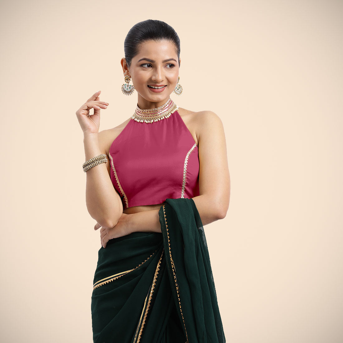 Laila x Tyohaar Saree Blouse, in Pink Vegan Silk, featuring sleeveless and halter neckline, made for party & festive (view 5).