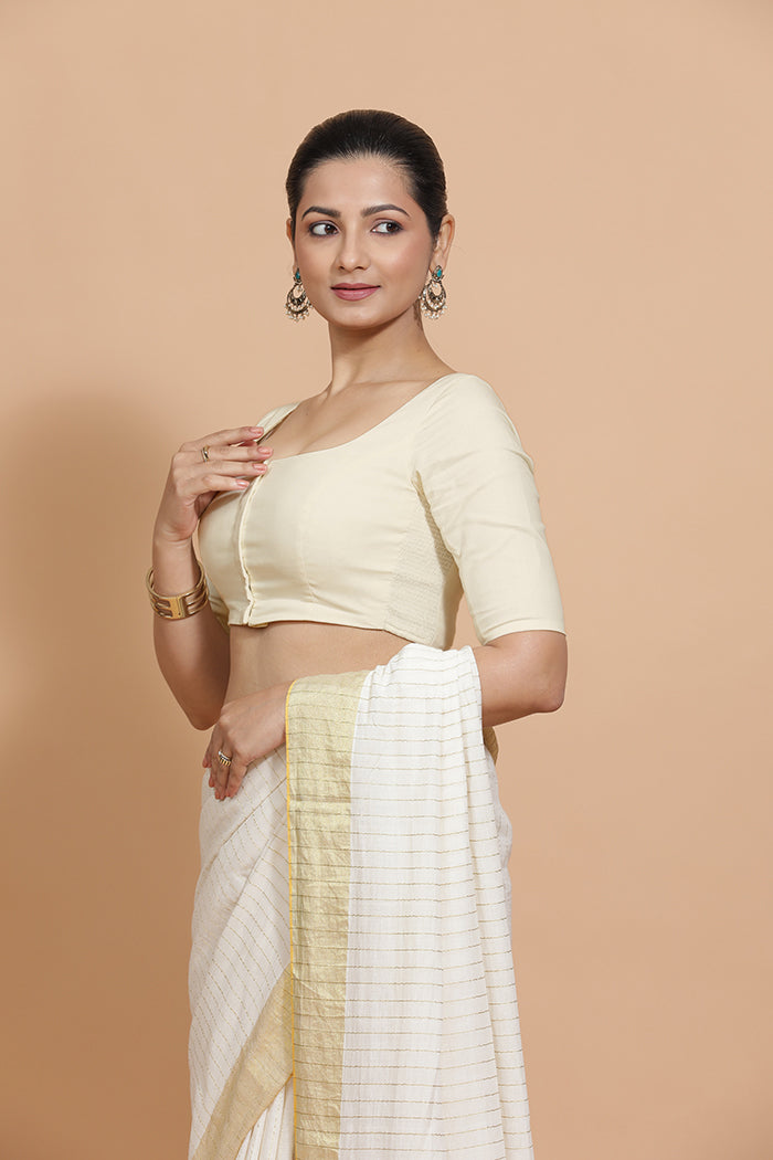 Lalita x Rozaana Saree Blouse, in White Linen, featuring elbow sleeves and scoop neckline, made for daily & work (view 5).