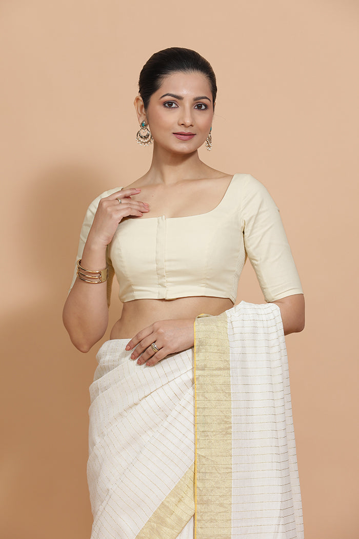 Lalita x Rozaana Saree Blouse, in White Linen, featuring elbow sleeves and scoop neckline, made for daily & work (view 7).
