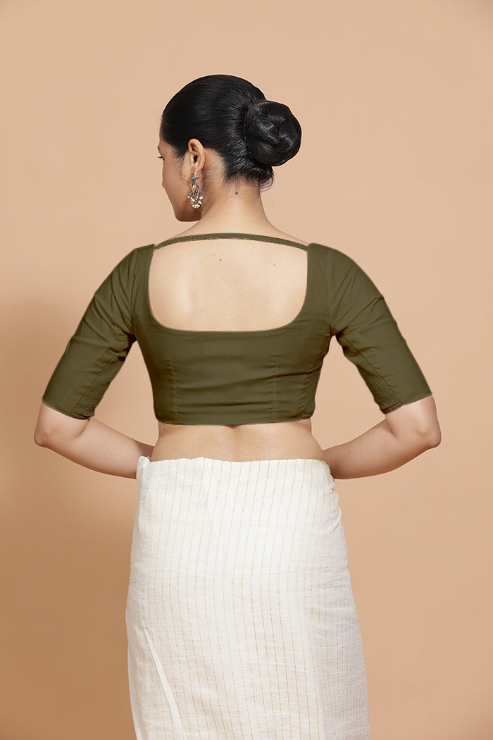 Lalita x Rozaana Saree Blouse, in Green Linen, featuring elbow sleeves and scoop neckline, made for daily & work (view 2).