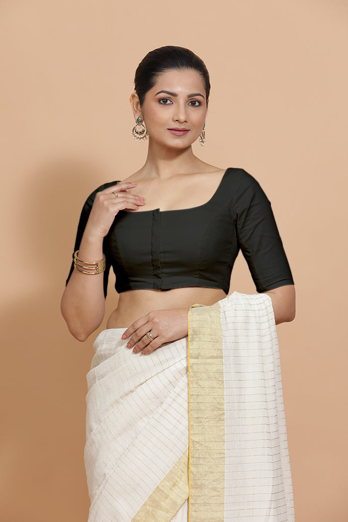 Lalita x Rozaana Saree Blouse, in Black Linen, featuring elbow sleeves and scoop neckline, made for daily & work.