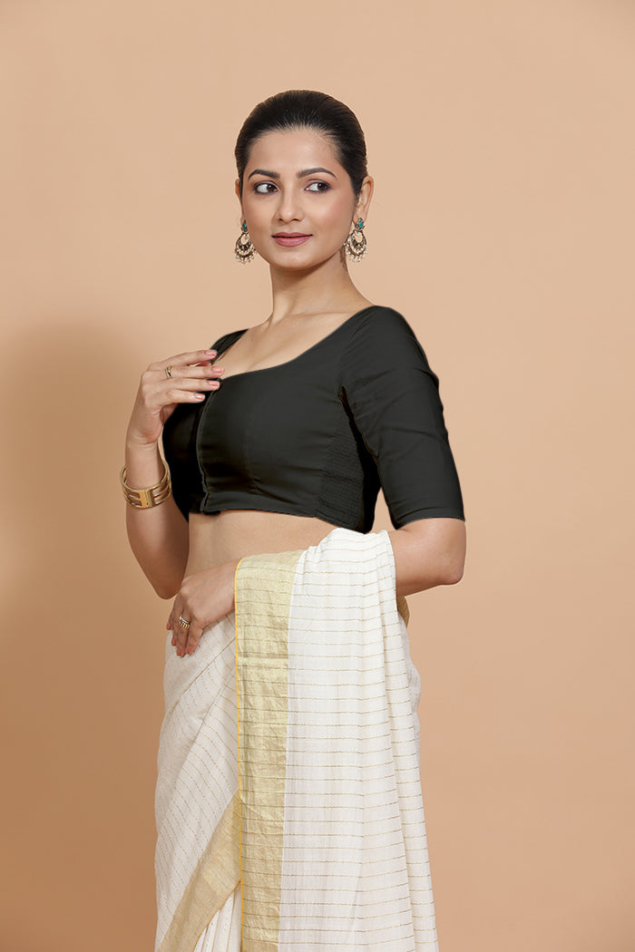 Lalita x Rozaana Saree Blouse, in Black Linen, featuring elbow sleeves and scoop neckline, made for daily & work (view 5).