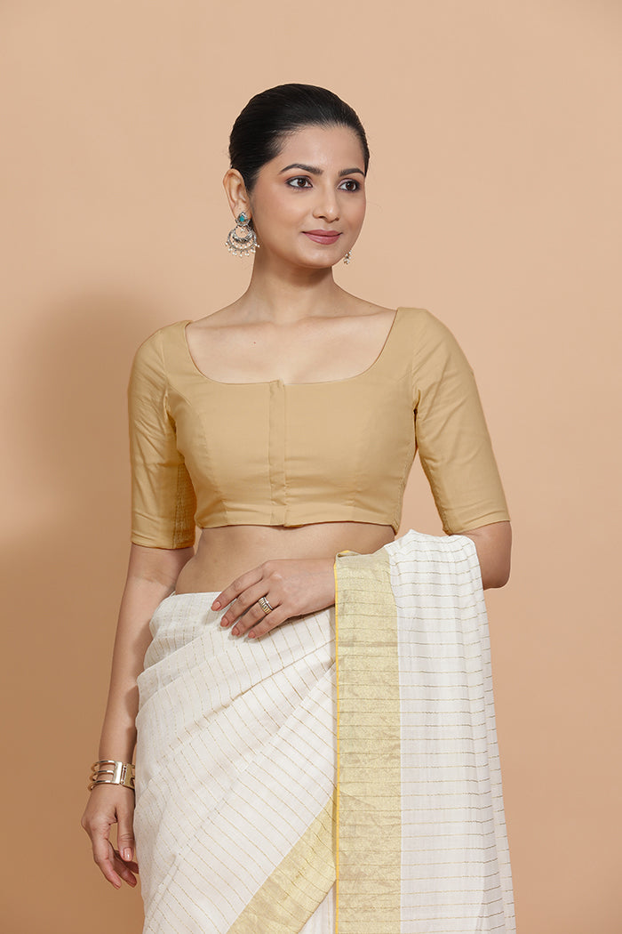 Lalita x Rozaana Saree Blouse, in Beige Linen, featuring elbow sleeves and scoop neckline, made for daily & work (view 6).