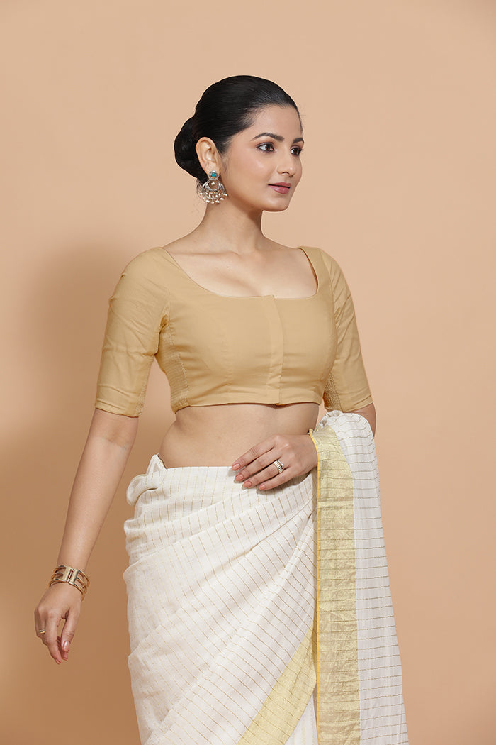 Lalita x Rozaana Saree Blouse, in Beige Linen, featuring elbow sleeves and scoop neckline, made for daily & work (view 7).
