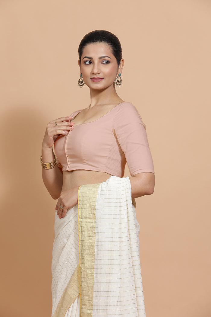 Lalita x Rozaana Saree Blouse, in Pink Linen, featuring elbow sleeves and scoop neckline, made for daily & work (view 5).