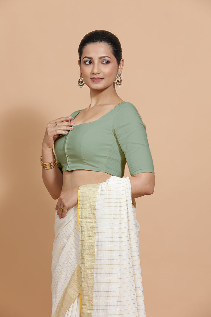 Lalita x Rozaana Saree Blouse, in Green Linen, featuring elbow sleeves and scoop neckline, made for daily & work (view 5).