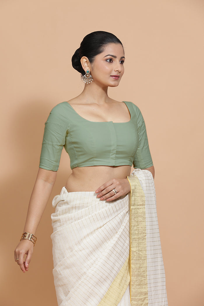 Lalita x Rozaana Saree Blouse, in Green Linen, featuring elbow sleeves and scoop neckline, made for daily & work (view 7).