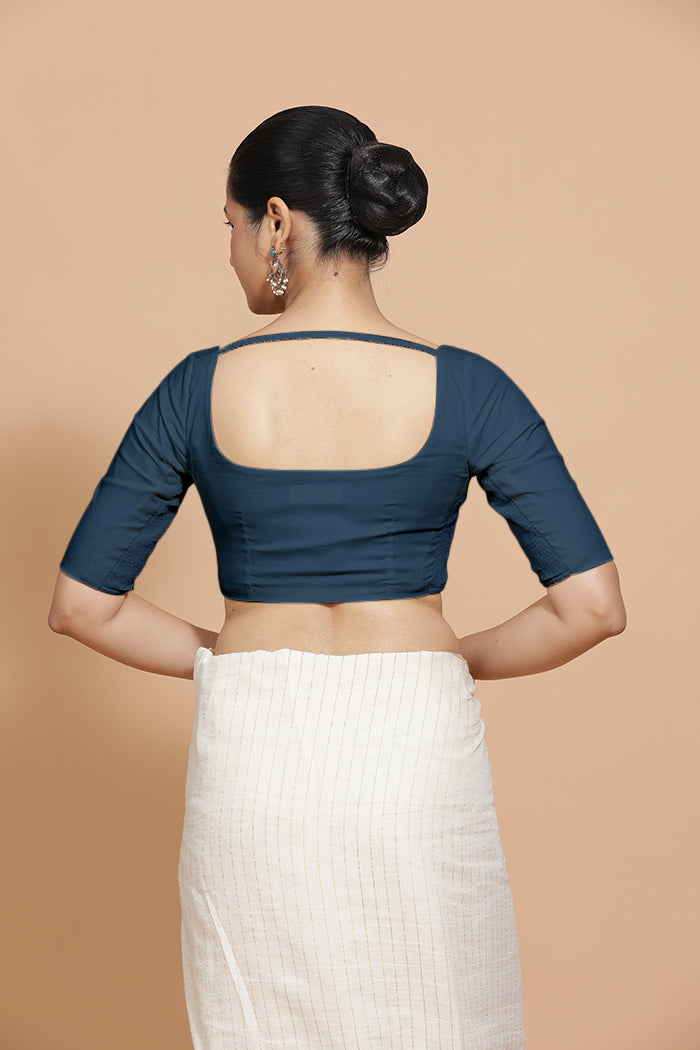 Lalita x Rozaana Saree Blouse, in Blue Linen, featuring elbow sleeves and scoop neckline, made for daily & work (view 2).
