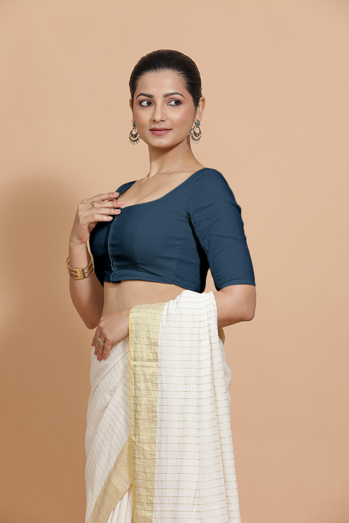 Lalita x Rozaana Saree Blouse, in Blue Linen, featuring elbow sleeves and scoop neckline, made for daily & work (view 5).