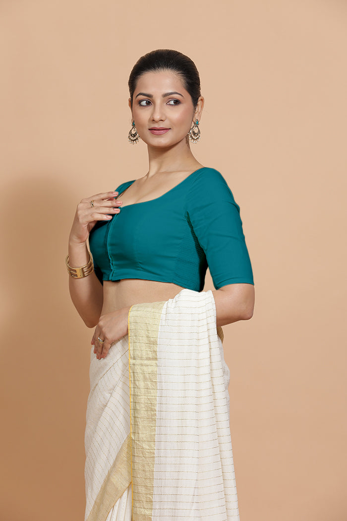Lalita x Rozaana Saree Blouse, in Blue Linen, featuring elbow sleeves and scoop neckline, made for daily & work (view 5).