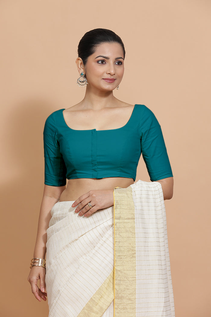 Lalita x Rozaana Saree Blouse, in Blue Linen, featuring elbow sleeves and scoop neckline, made for daily & work (view 6).