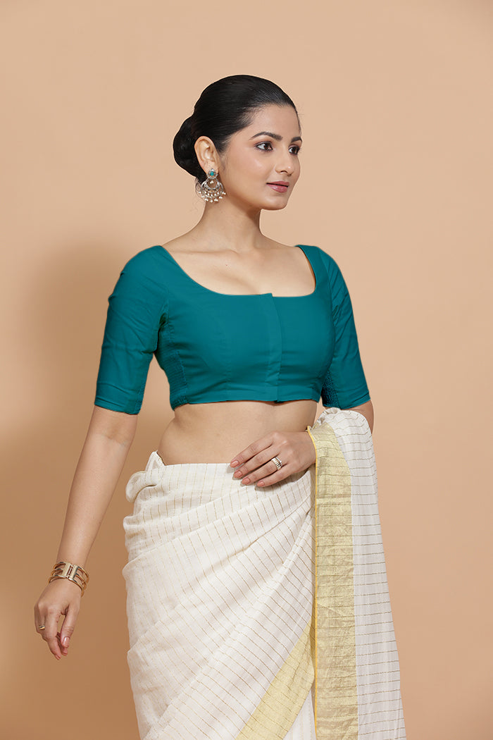 Lalita x Rozaana Saree Blouse, in Blue Linen, featuring elbow sleeves and scoop neckline, made for daily & work (view 7).
